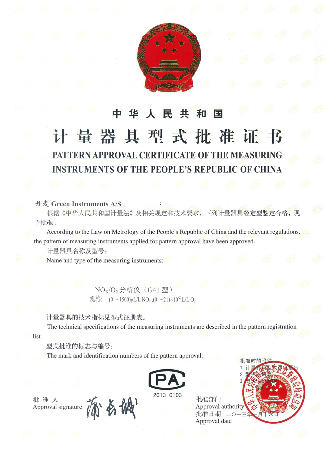 Chinese Pattern Approval for NOx Analyzer
